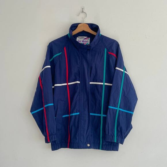 Julia Michaels Jackets & Blazers - Julia Michaels - 80s Vintage Blue Grid Striped Windbreaker Jacket